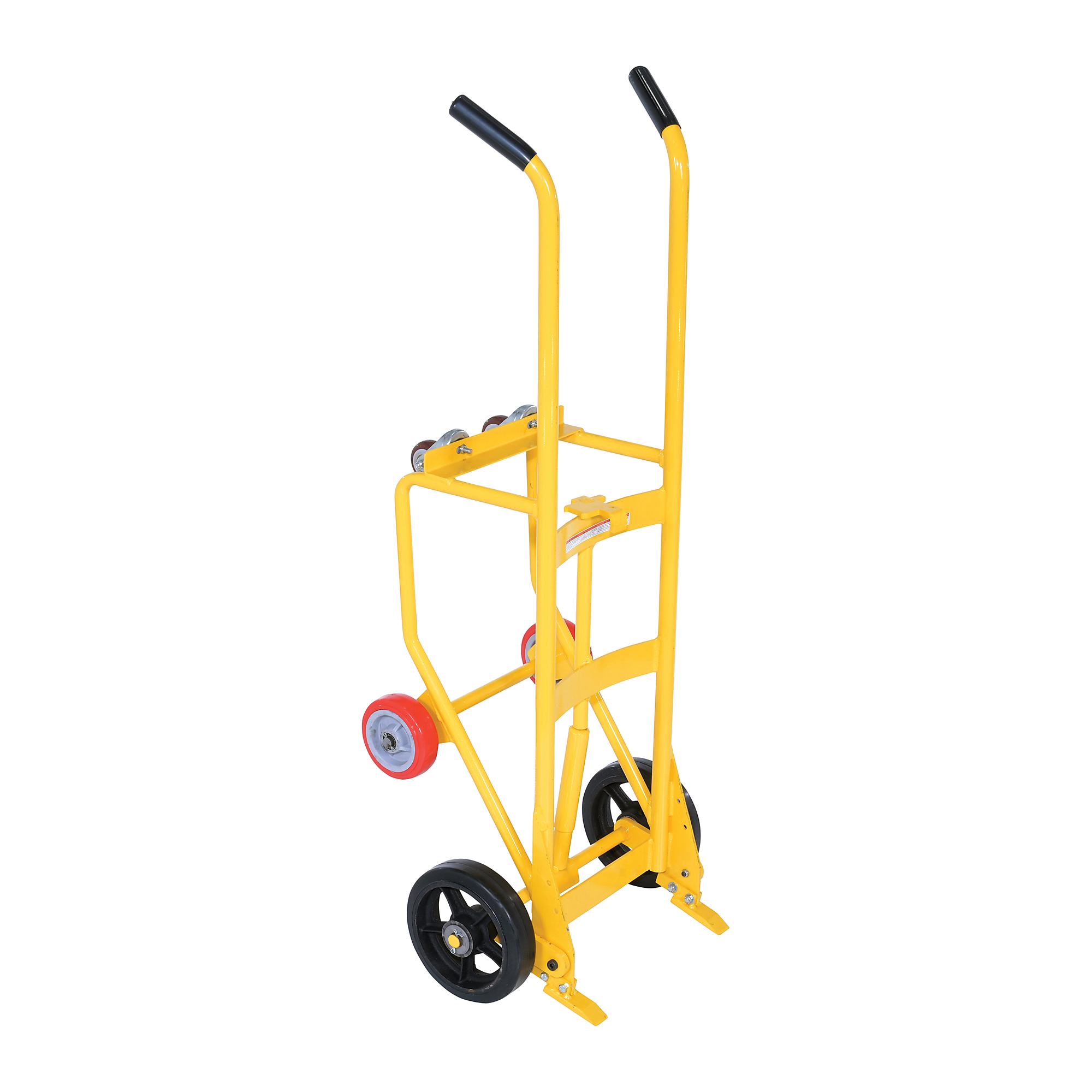 Vestil Steel Drum Truck Cradle with Mold-On Rubber Wheels, 20-1/16in. x 23-11/16in. x 60-5/8in., 1000-Lb. Capacity, Yellow, Model# RDBT-MR